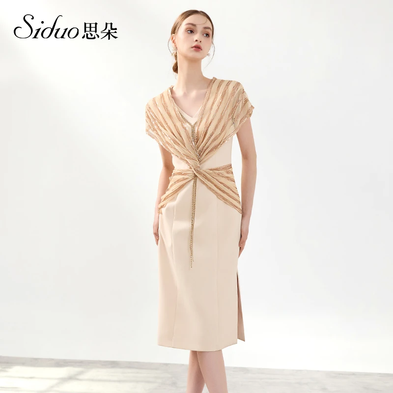 【思朵】S25007礼服女镶钻褶皱V领高腰轻奢女士夏季法式宴会连衣裙