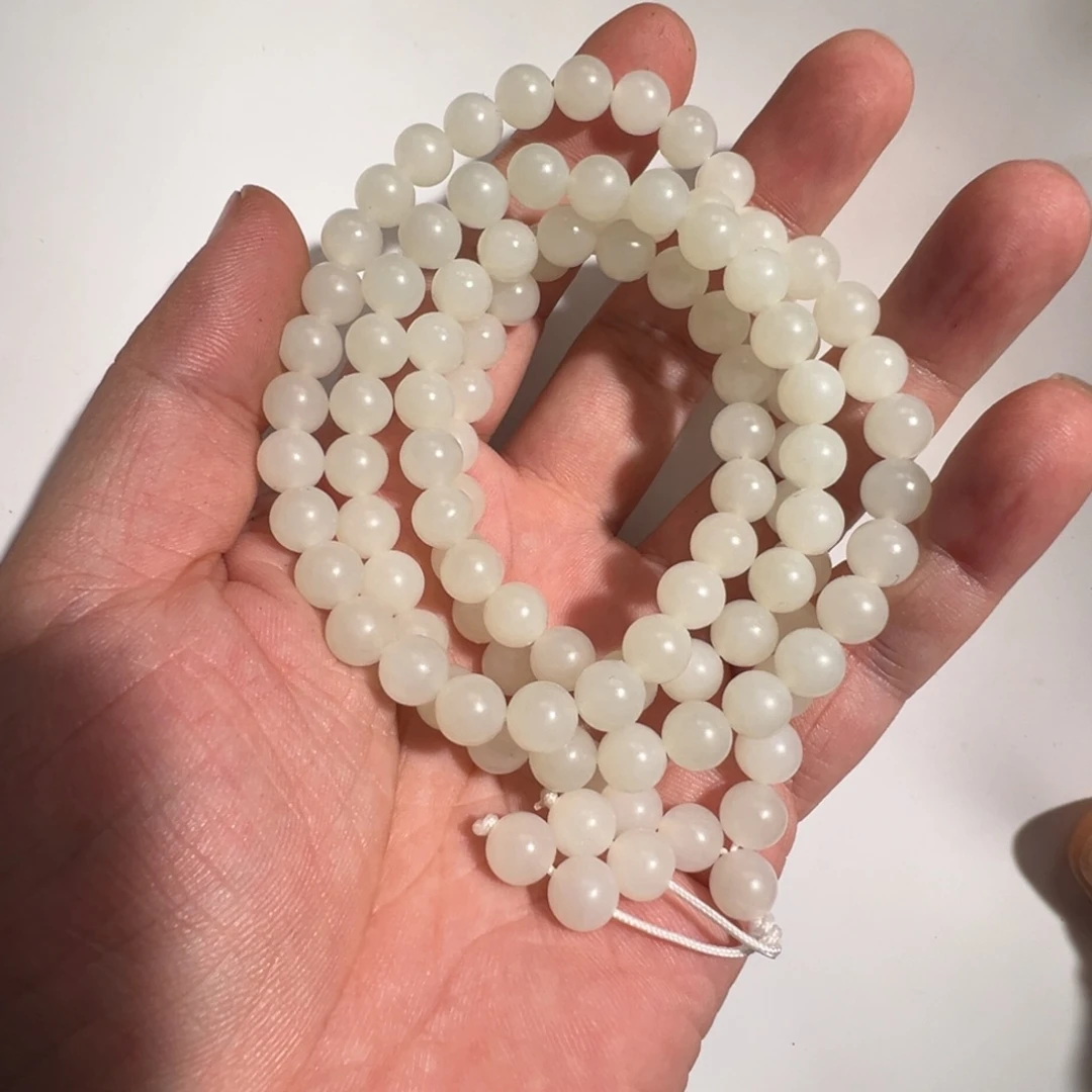 和田玉未镶嵌项链俄暖白8mm/108细料柔光小精品