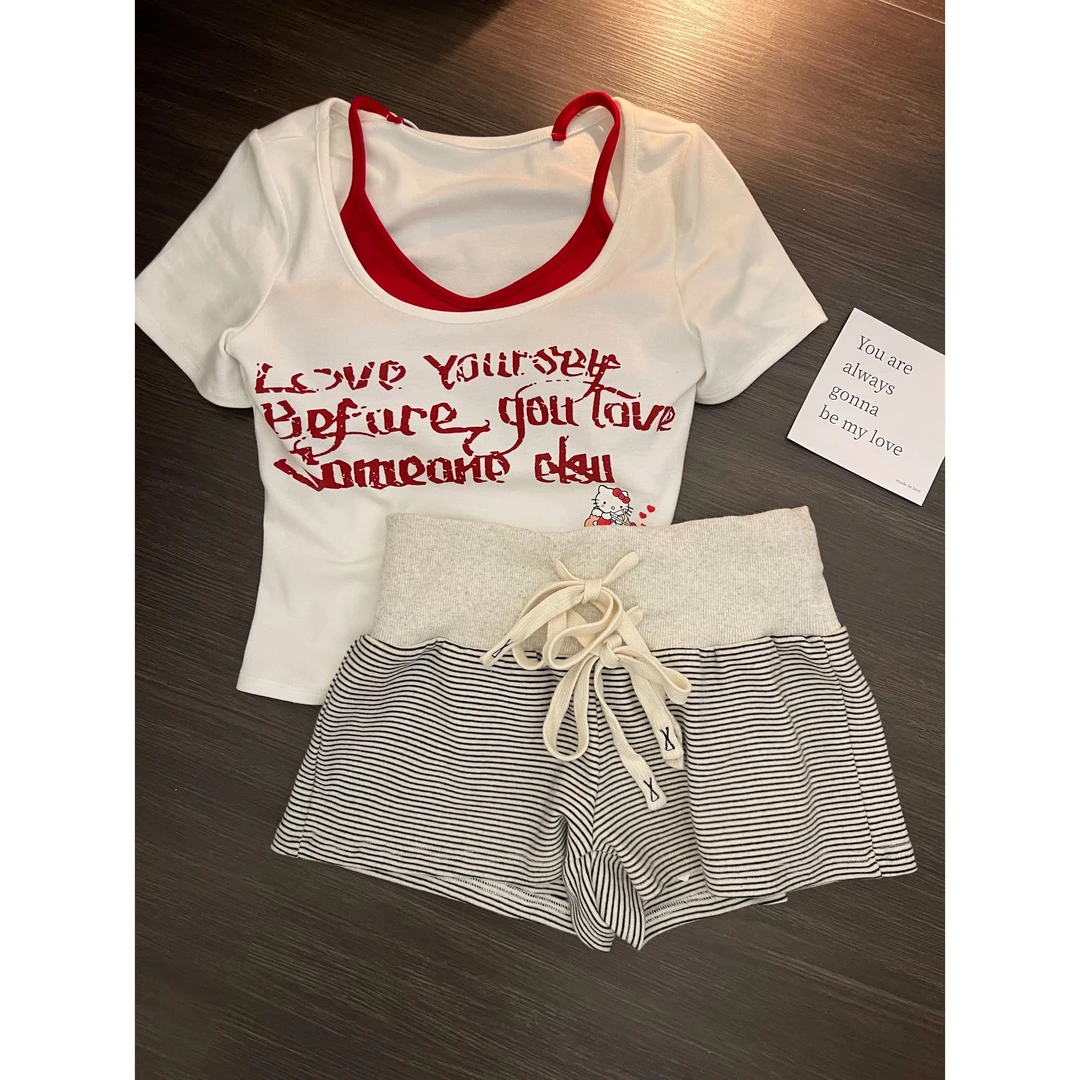 【字母kitty】甜美可爱假两件辣妹吊带睡衣女夏季短裤家居服套装