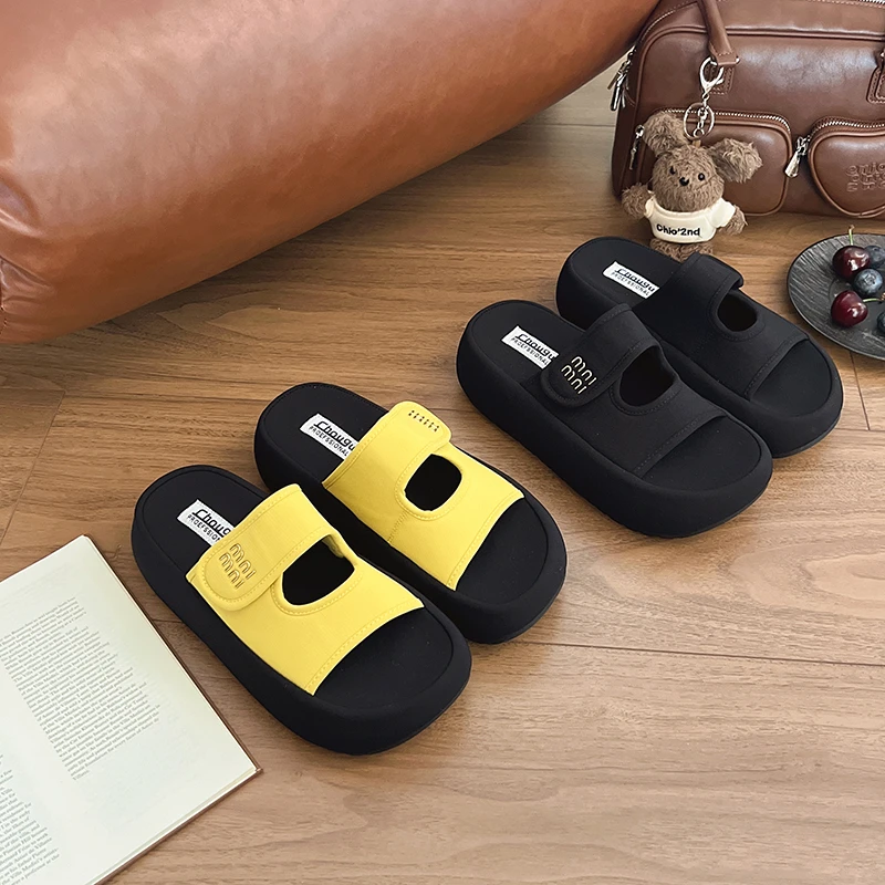 高跟厚底女士夏季魔术贴情侣增高松糕底时尚一字拖沙滩凉鞋