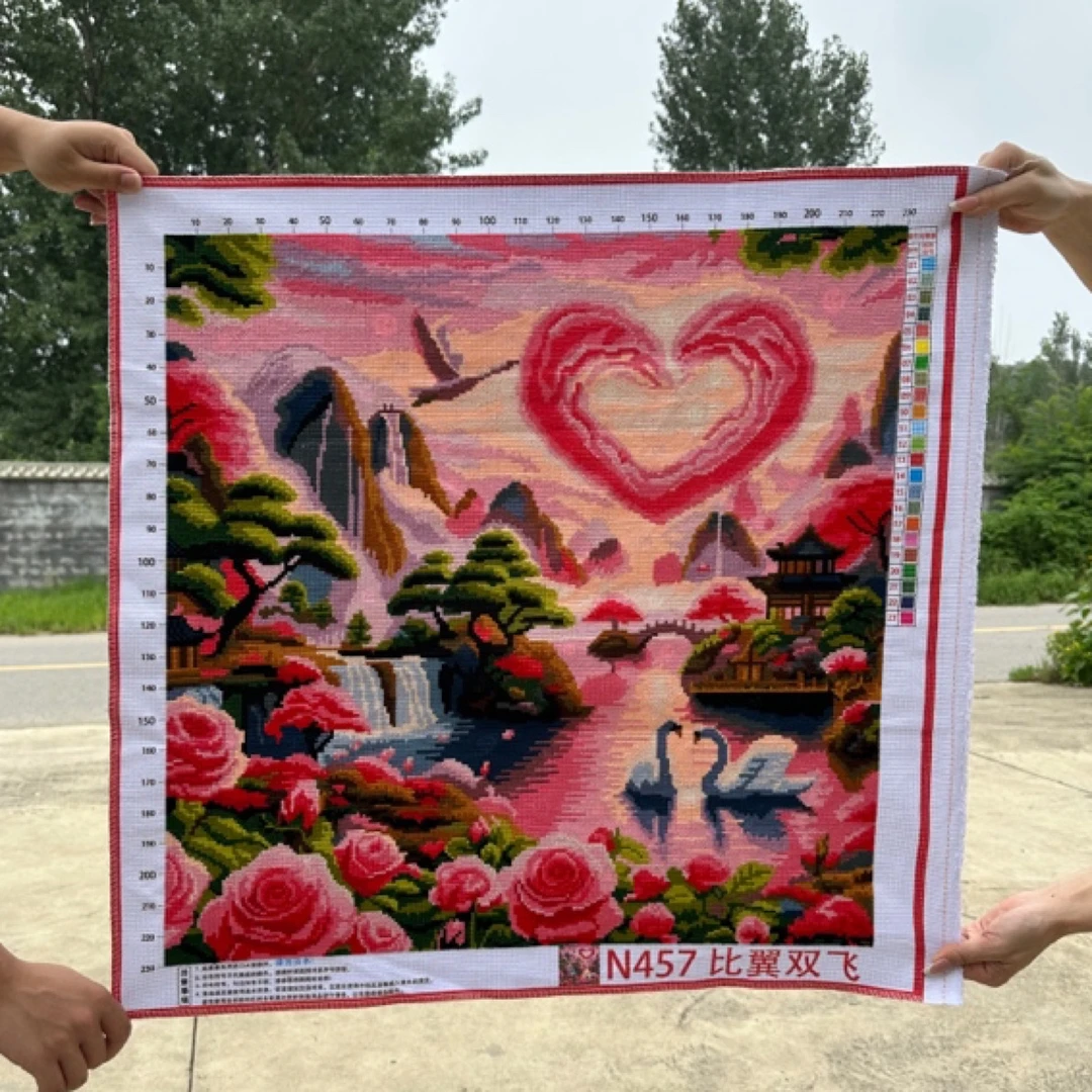 绣好的纯手工十字绣成品比翼双飞竖版玄关过道风景小画73×73厘米