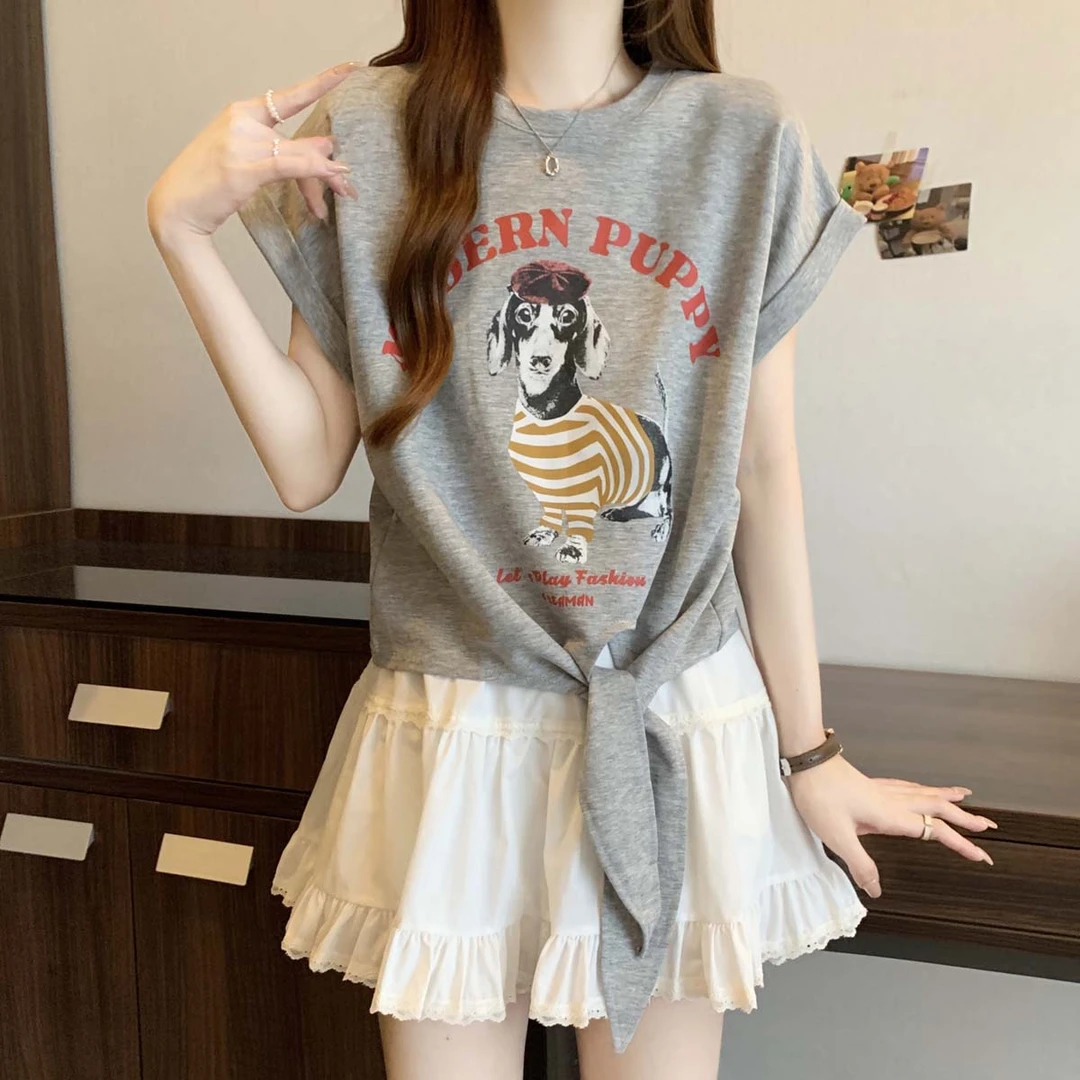 卡莲格/圆领字母卡通印花设计感百搭短袖T恤女夏季款休闲显瘦上衣