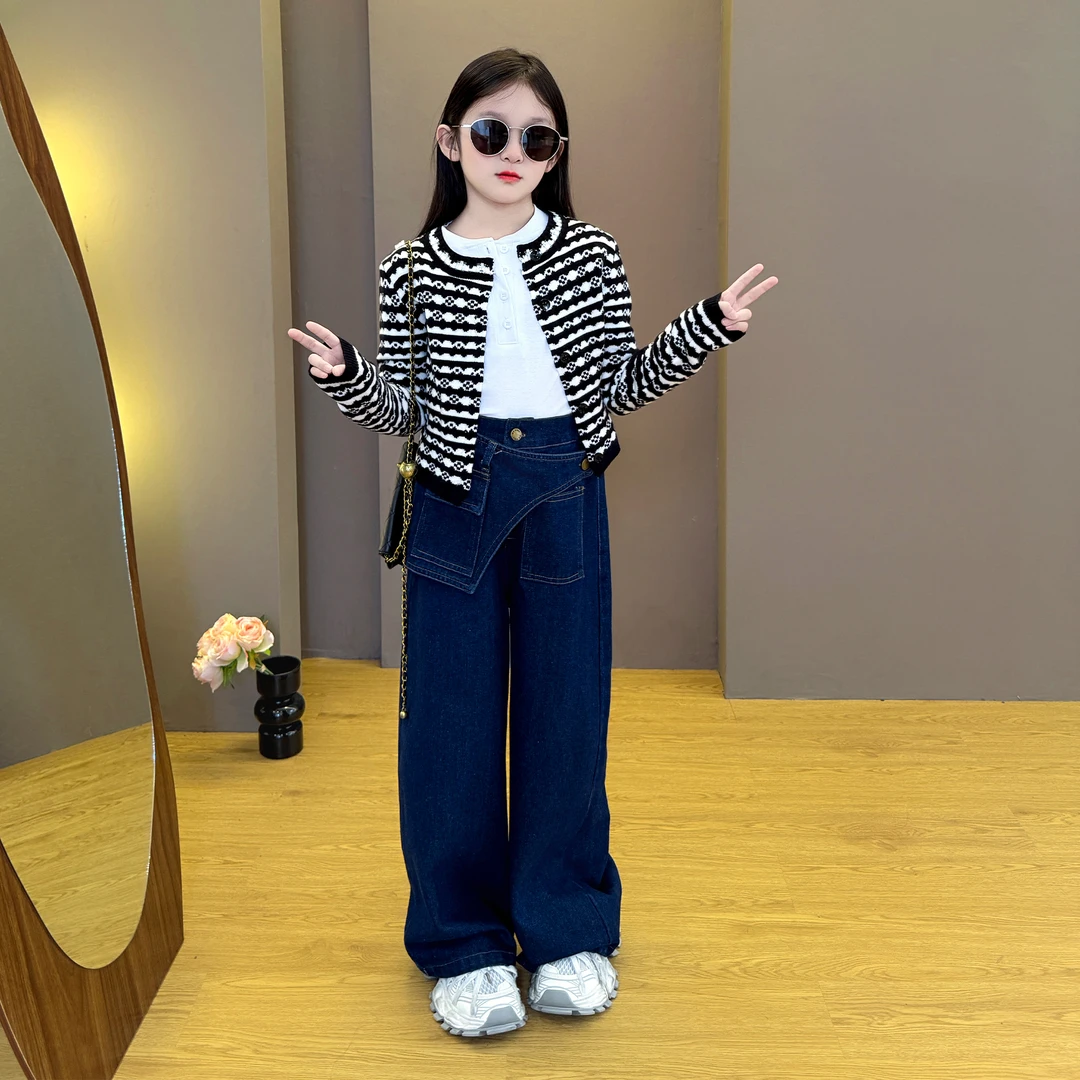 女童2025新款春秋季韩版穿搭休闲百搭条纹撞色开衫阔腿牛仔裤套装