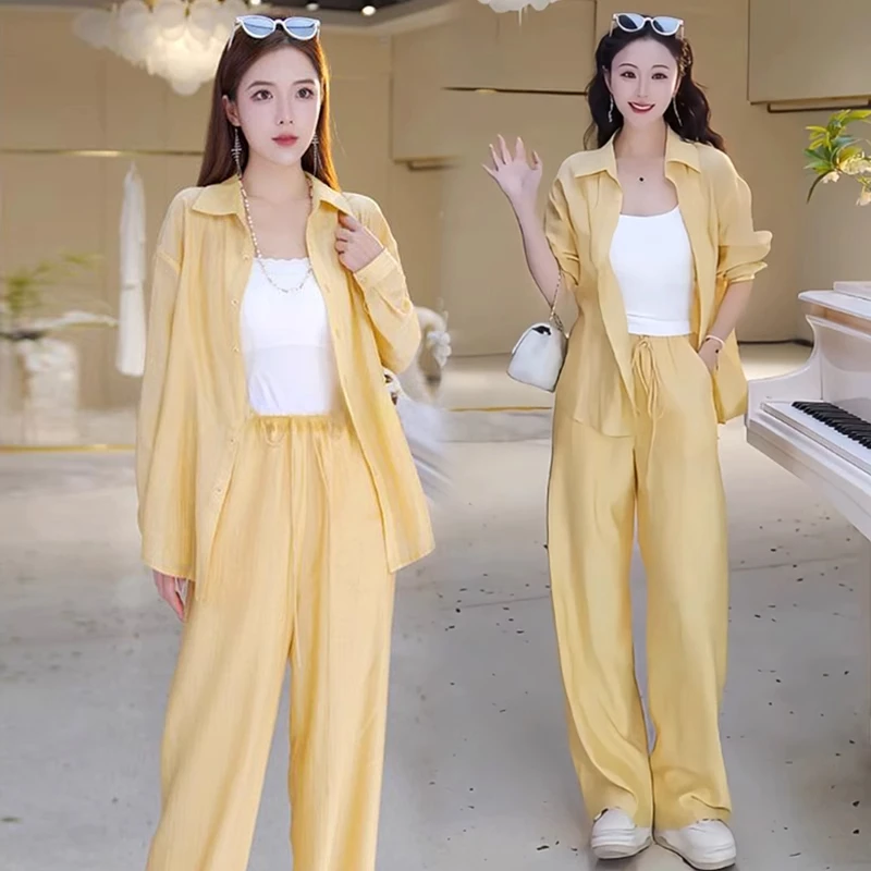 时尚套装女2025春夏新款时髦洋气长袖防晒衬衫阔腿裤显瘦两件套潮