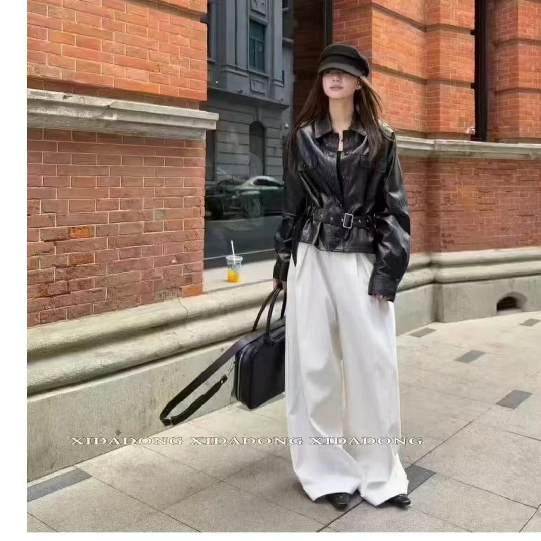 口袋网红韩版翻领标准休闲皮衣