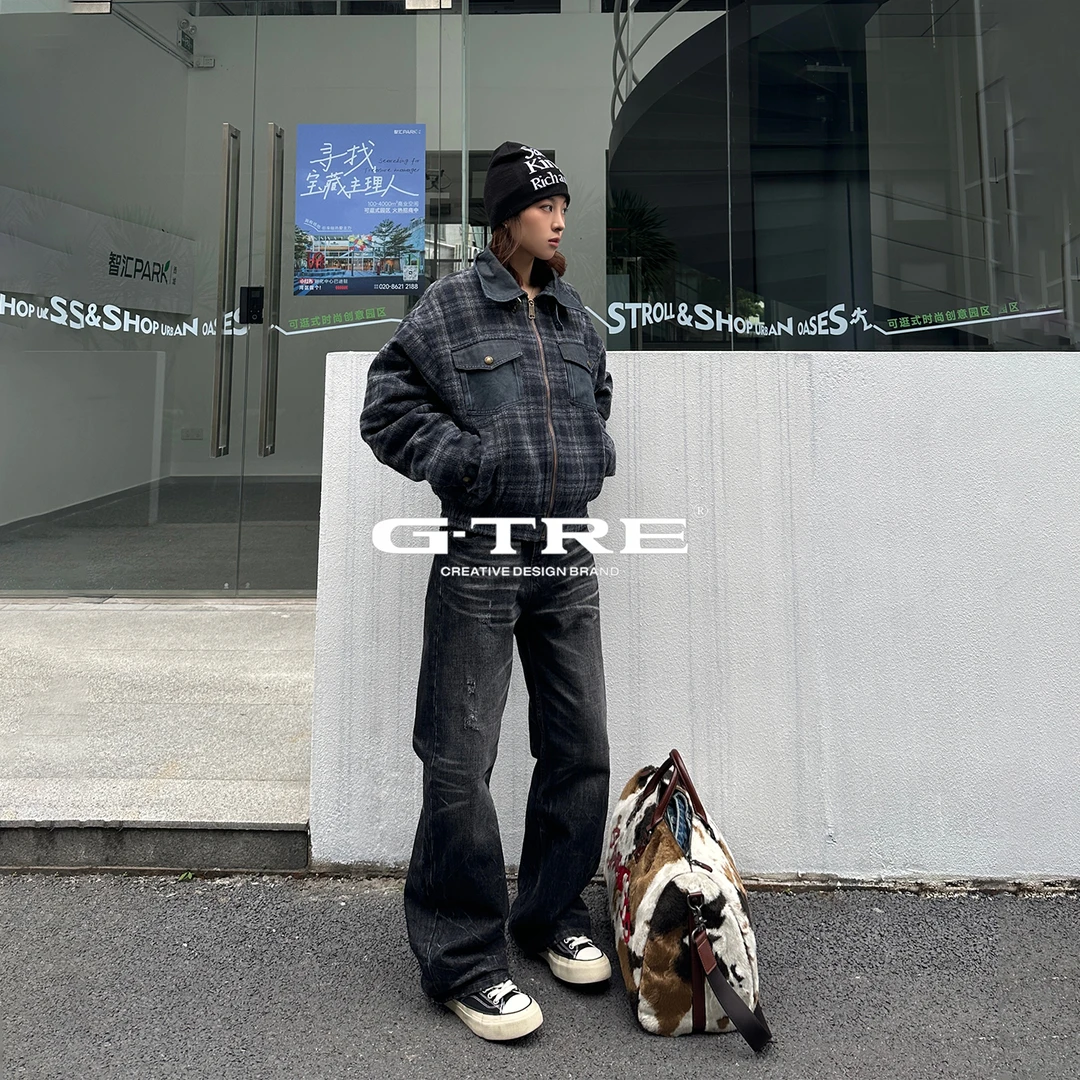 G-TRE 巴恩风拼接miu系复古格纹翻领仿兔毛短款外套