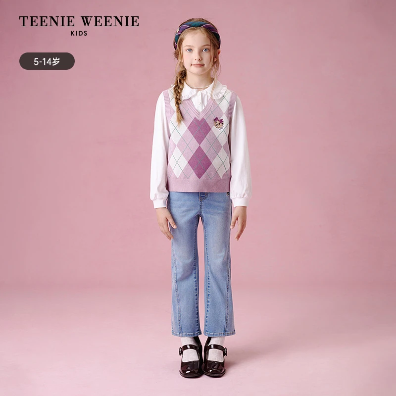 TeenieWeenieKids25新款秋季女童V领学院菱形毛织背心TKVK253851A