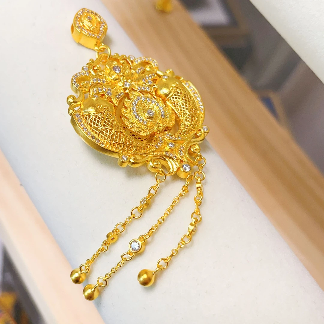 吊坠足银 满钻双鱼抱莲吊坠