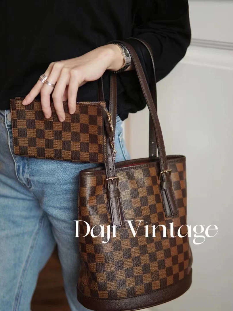 95新 LouisVuitton/路易威登 大吉中古/LV棋盘格水桶子母单肩包