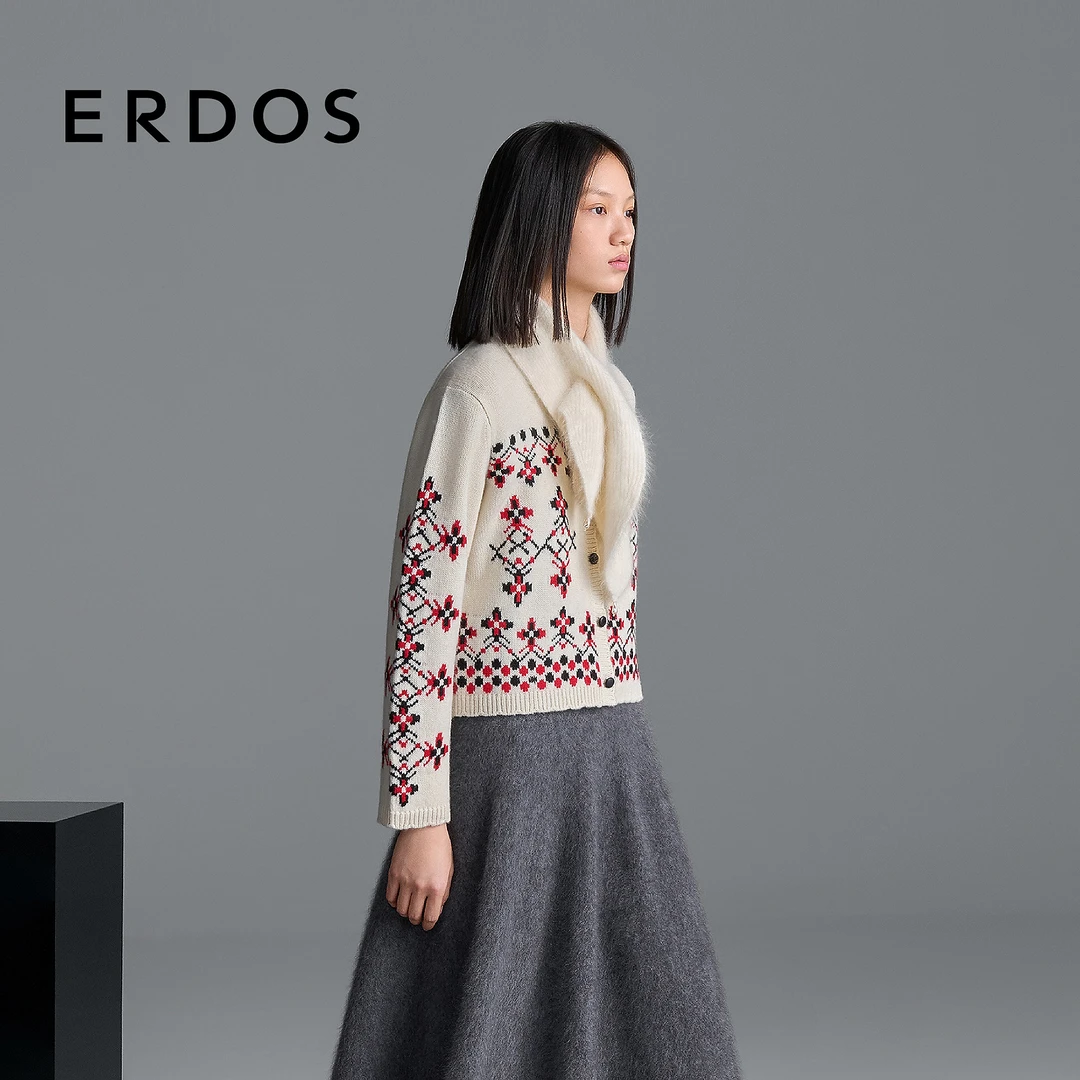 【费尔岛羊绒衫】ERDOS 冬日度假风提花女开衫【花之上】25年秋冬新品
