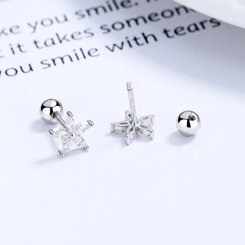 925银耳饰 花朵锆石螺纹纯银耳钉简约五角花耳饰免摘养耳洞