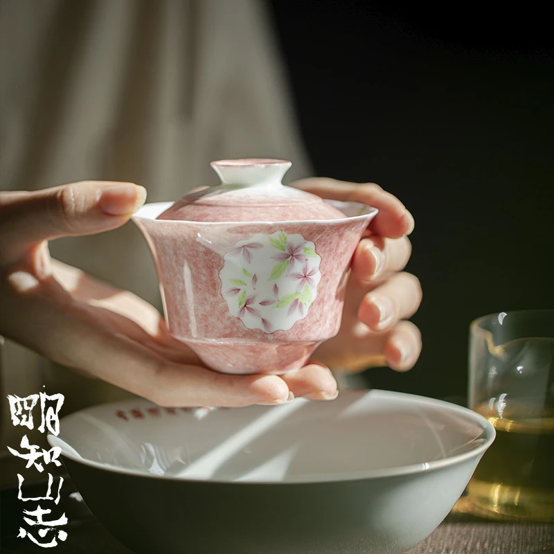 明知山志-凤仙粉-开窗凌霄-秋瑞盖碗女士复古陶瓷纯手工中式白瓷