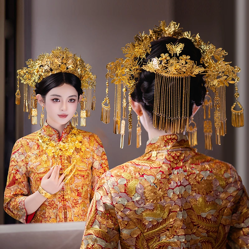 合金婚庆饰品 梦瑶龙凤褂金色新娘头饰中式婚礼秀禾服发饰MF2517