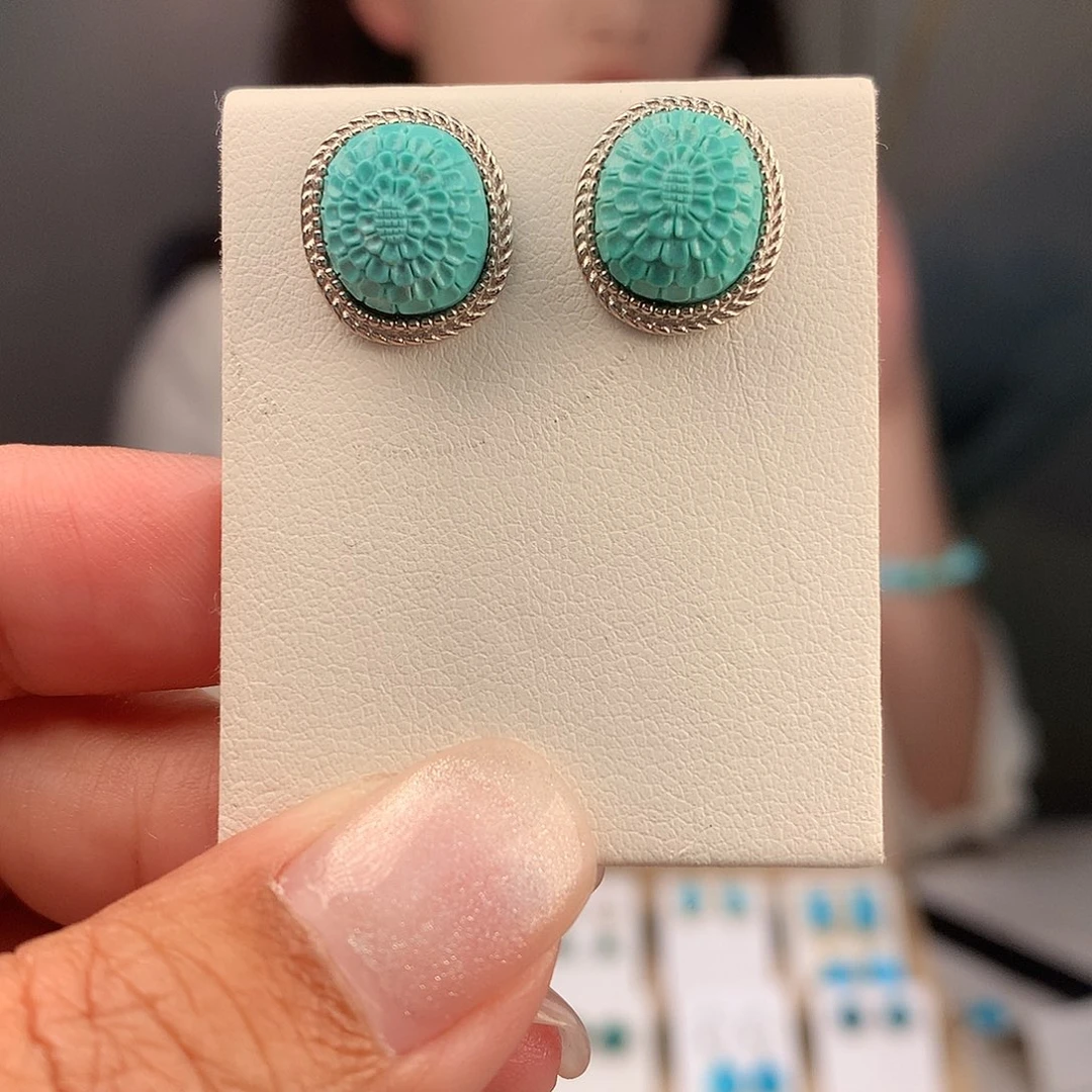 绿松石银S925镶嵌耳饰