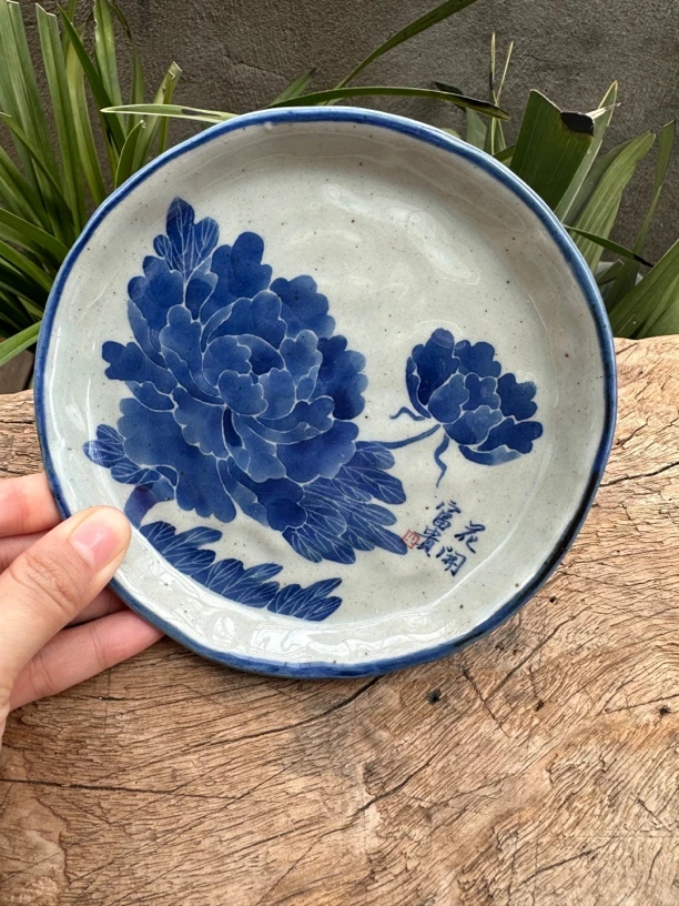 【近山古美】蓝牡丹手捏咖啡杯碟高温手绘釉下青花瓷