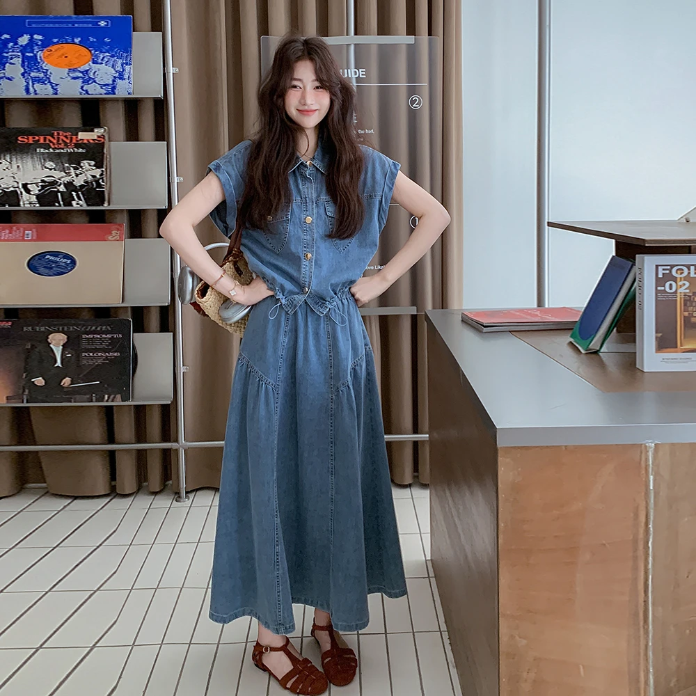 设计感小众牛仔衬衫时尚套装女2025夏季新款高腰显瘦半身裙两件套