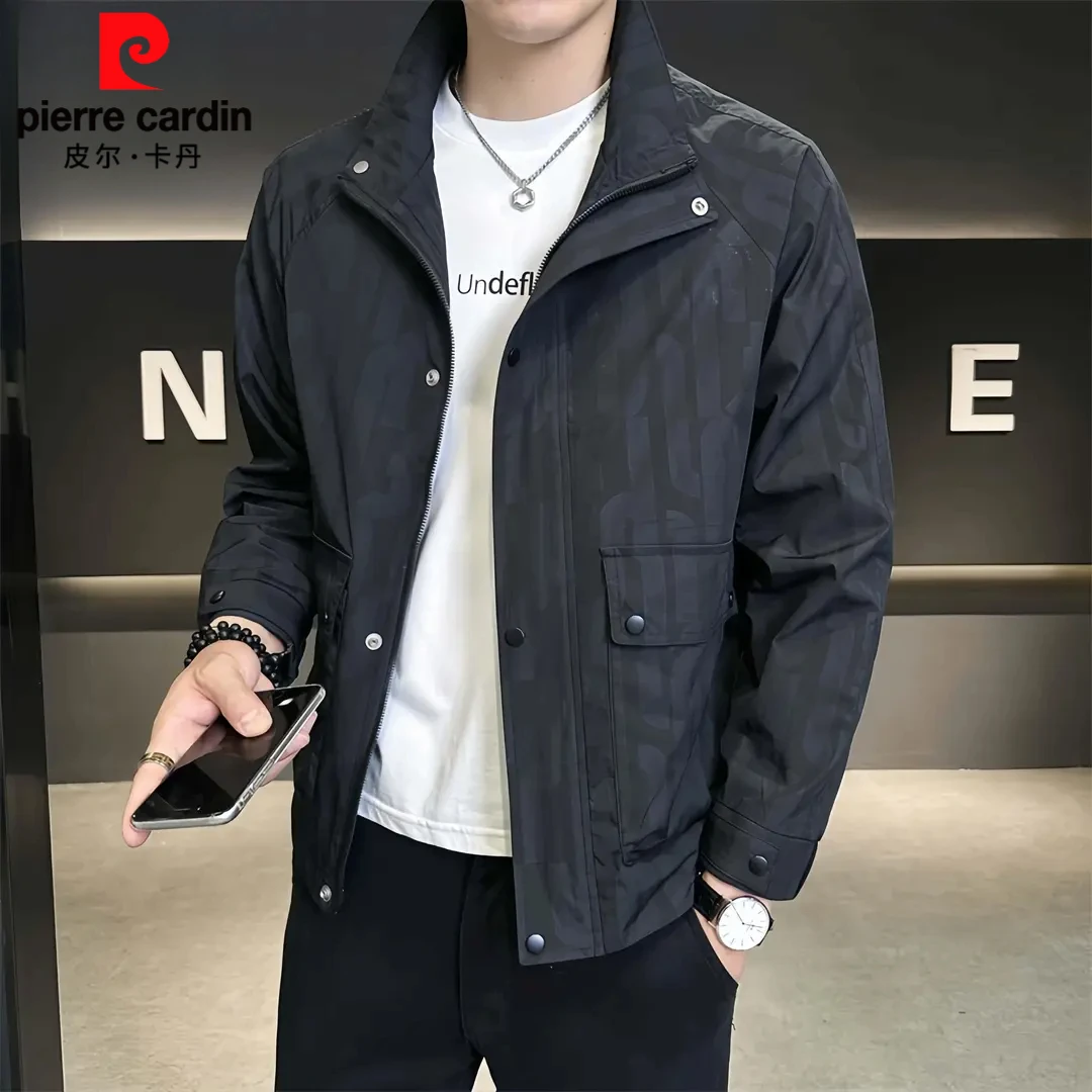 皮尔卡丹新款暗花夹克工装春秋季高端轻奢立领帅气休闲男士外套