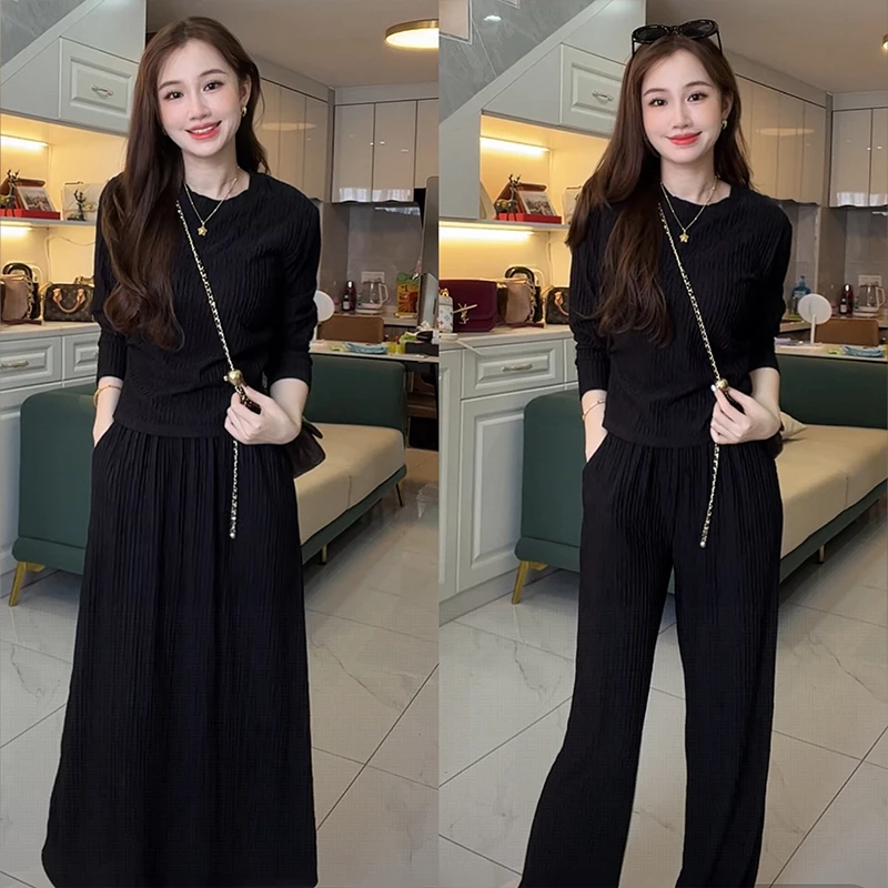 上衣+半身裙/裤子休闲套裙圆领轻熟风简约时尚套装褶皱长袖两件套