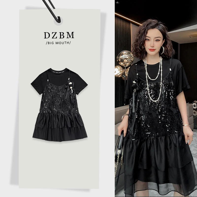 【DZBM】2025夏季新款重工亮片立体花朵装饰真两件T恤裙子Q3941