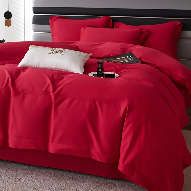 高档婚庆简约风100S长绒棉四件套大红色全棉床单被套纯棉结婚床品