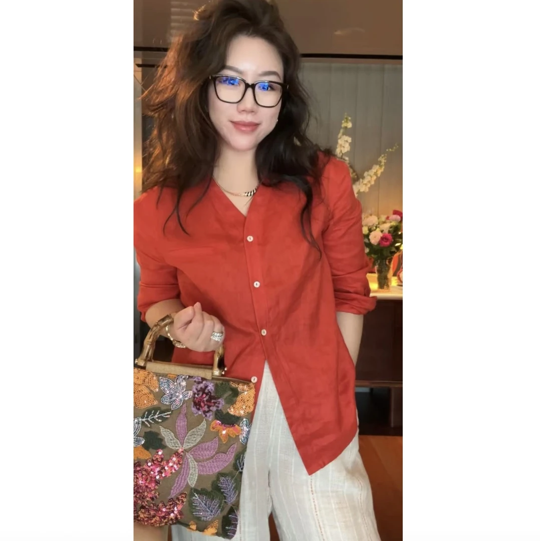 【大G精选】“配色美学” 南法亚麻简约v领上衣