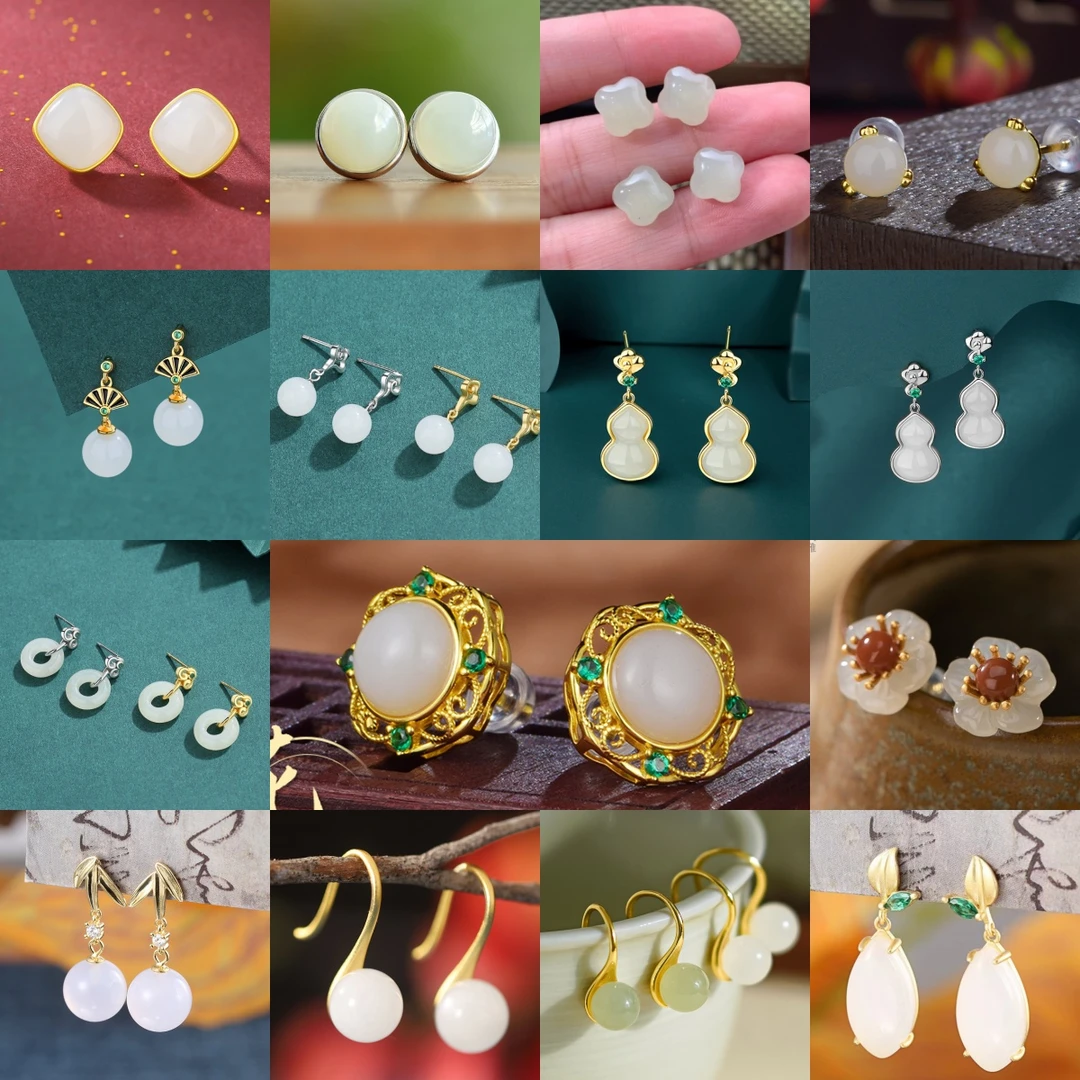 【织漫珠宝】S925银天然和田玉耳钉气质时尚简约百搭复古风耳饰耳环