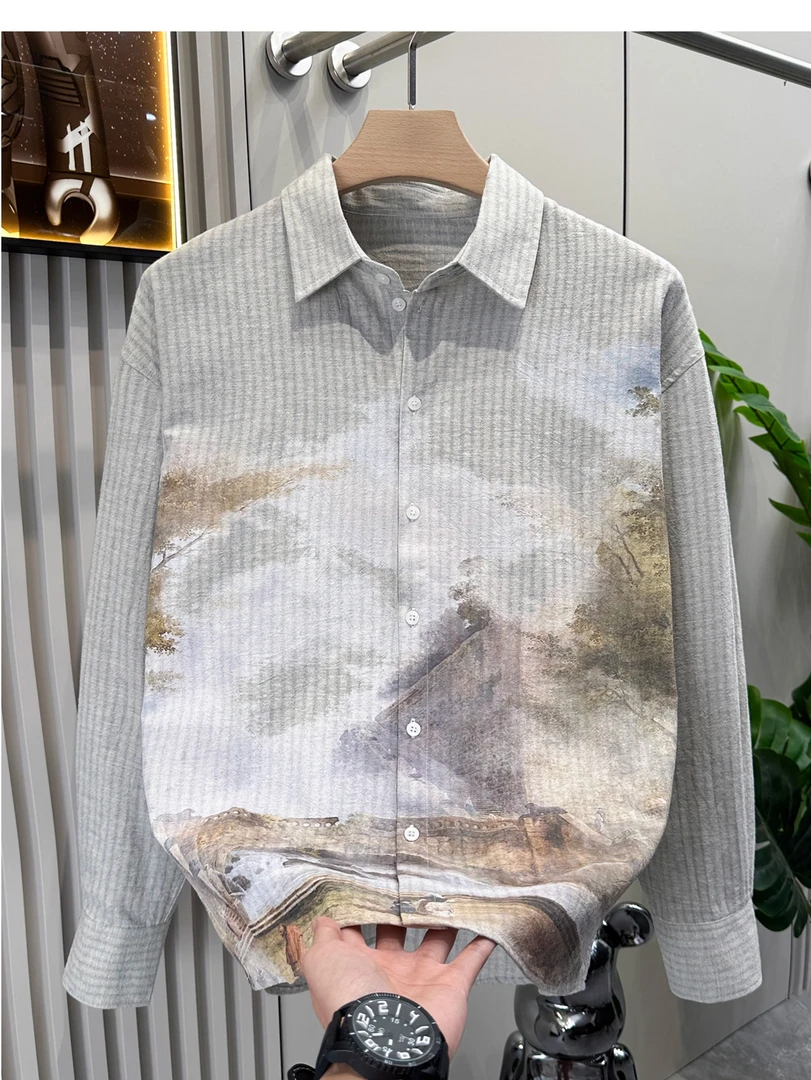秋季高级感新款男士时尚设计感小众条纹长袖纽扣衬衫个性印花上衣