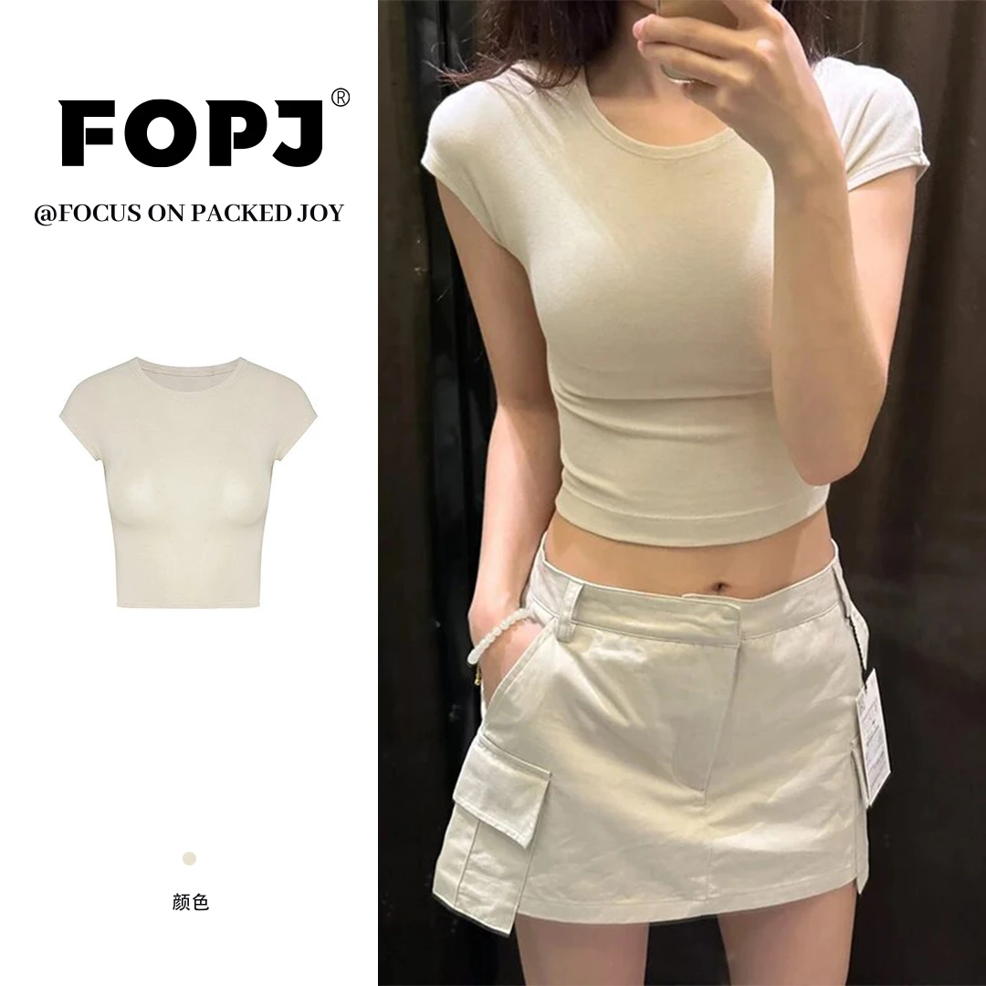 FOPJ美式辣妹短款露脐短袖t恤女夏季纯色圆领高腰修身显瘦ins上衣