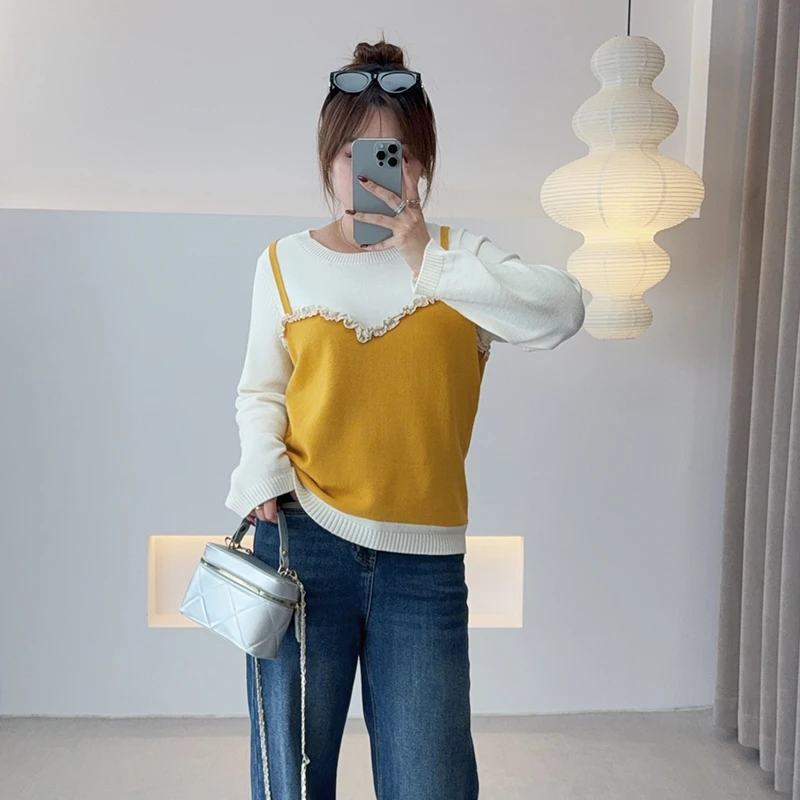 【小猪专属】2025冬新款大码女装胖mm花边拼接假两件撞色毛衣-F653