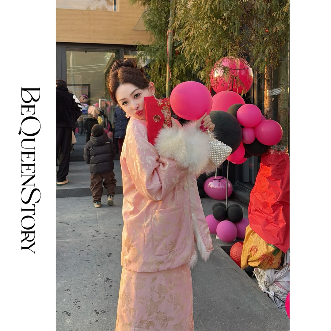 余潇潇【牡丹天色】新中式优雅古典拼接狐狸毛袖内里鹅绒上衣&半裙