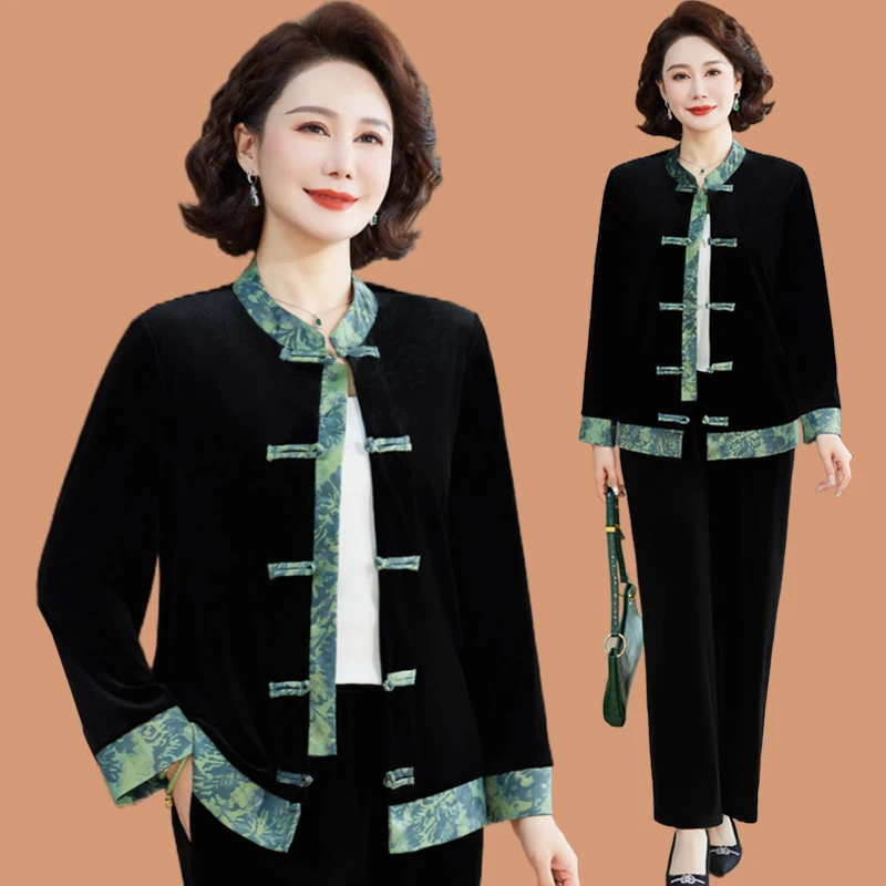 中年妈妈春装洋气金丝绒套装2025新款新中式中老年人女装春秋外套