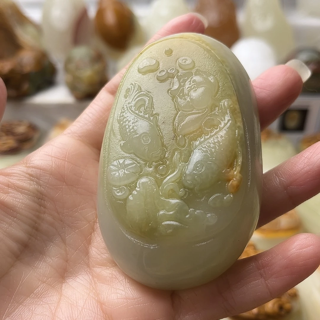 石材方解石手把摆件不退换鱼