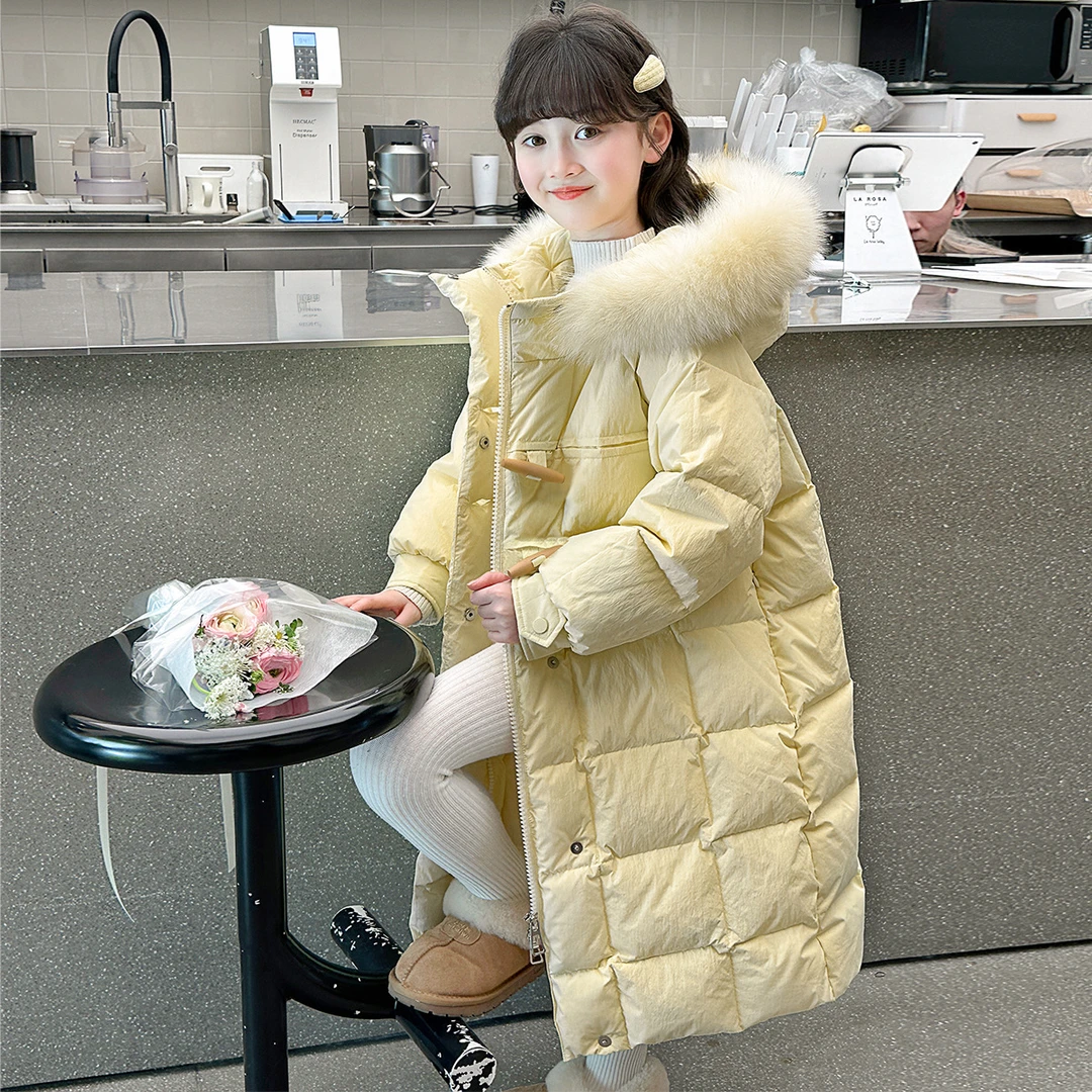 可拆卸大毛领女童长款格子服冬季夹克中大童保暖棉衣外套大衣百搭