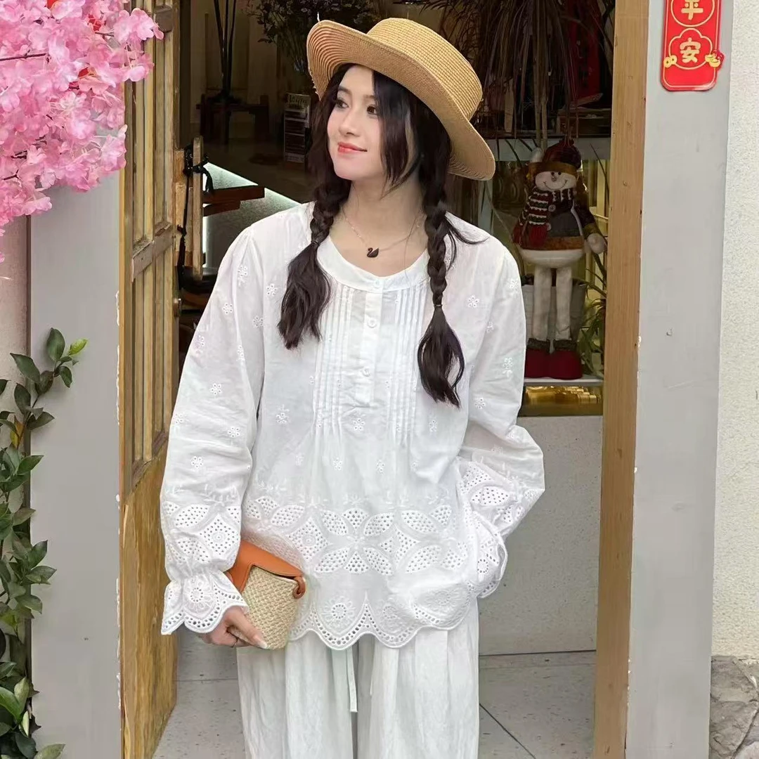 杨杨 气质棉麻森系小清新圆领上衣88262