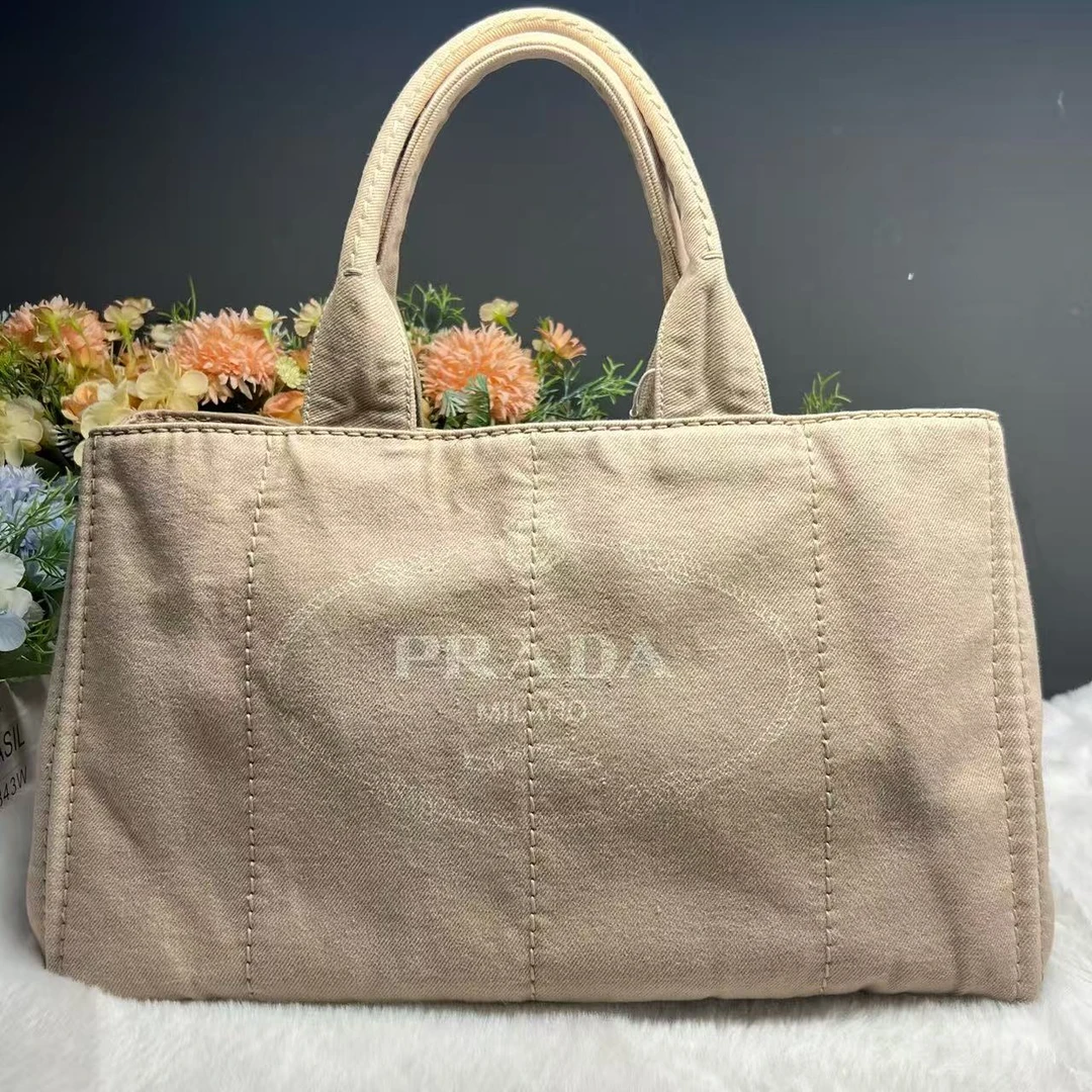 99新 Prada/普拉达 沙滩包 奶茶色帆布印花80236
