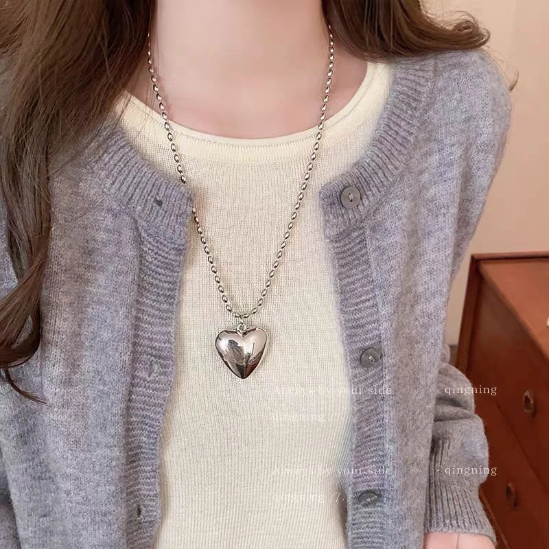 铜合金项链 铜合金项链 向日葵欧尼同款爱心项链银色长款卫衣链