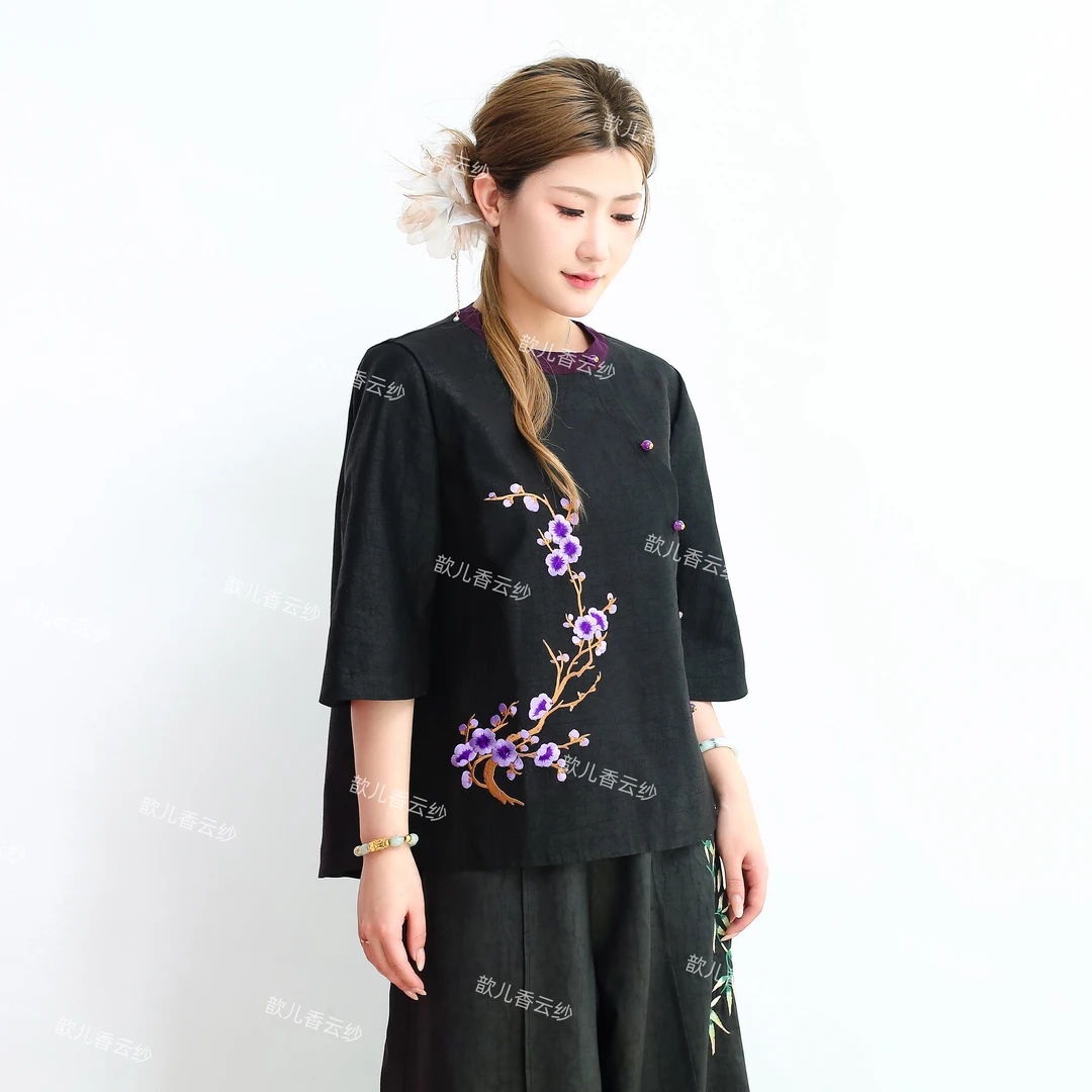 HUIXINGE夏季新中式100%桑蚕丝香云纱龟纹重工刺绣女士上衣短款