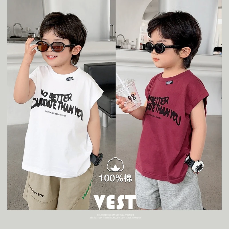 X4411男童字母印花背心夏装夏款婴儿童装洋气宝宝小童上衣薄夏季