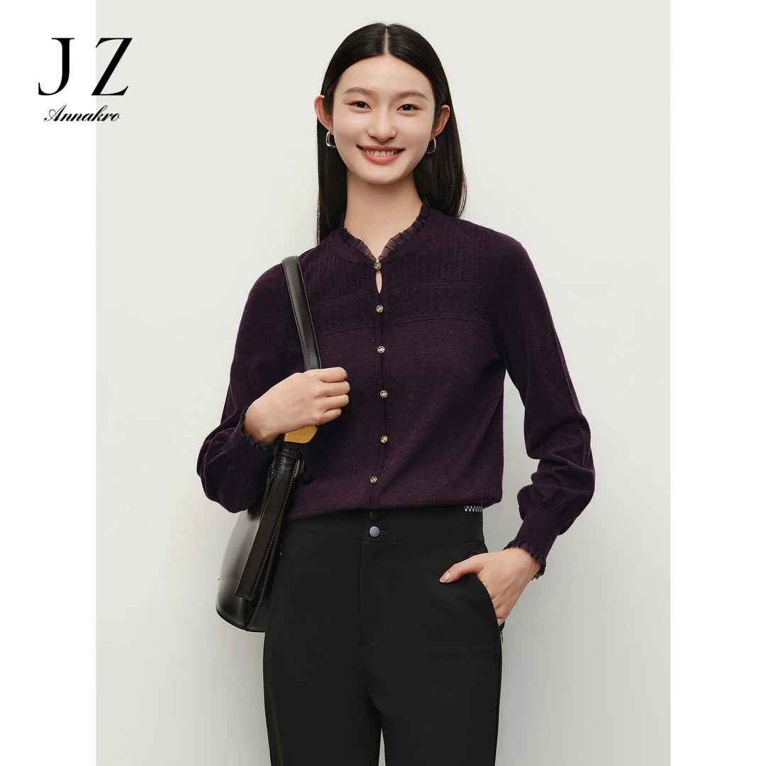 【小余专属】玖姿安娜蔻JTEQ31008优雅轻熟风花边袖套头针织衫女秋