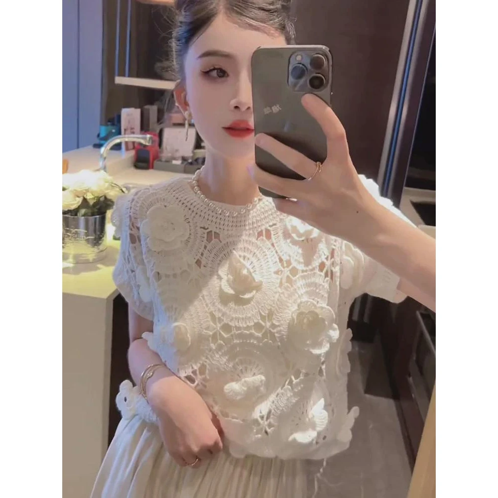 法式时尚气质微透短袖t恤女夏季新款小众独特镂空针织衫短款上衣