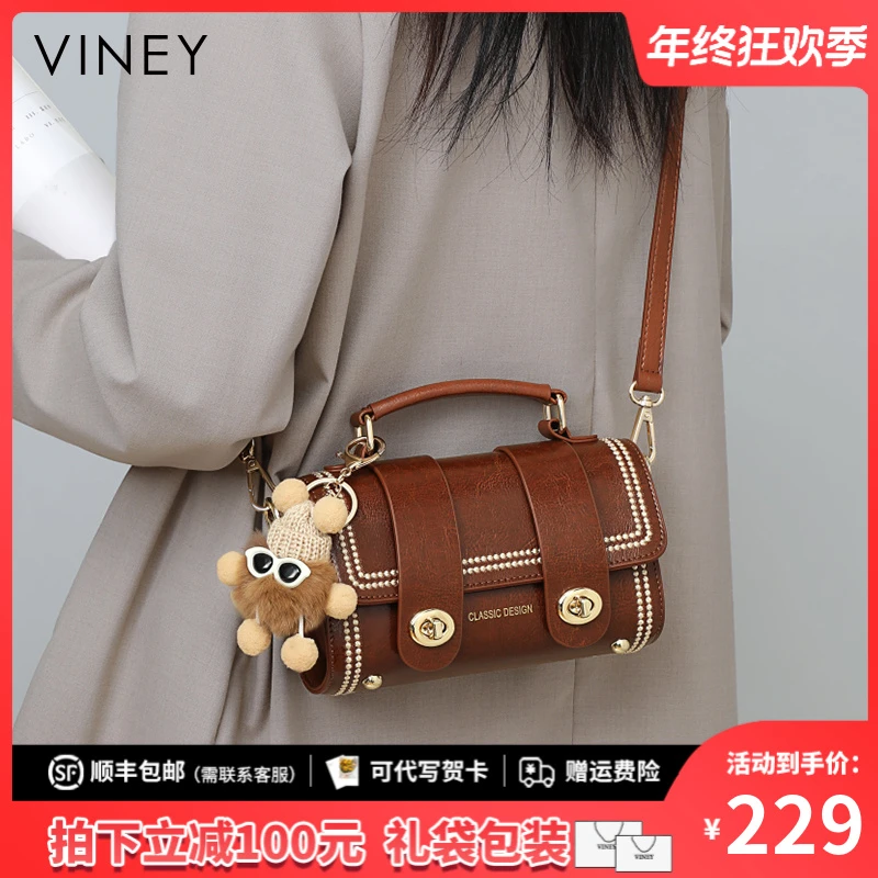 Viney真皮包包女包2025新款复古手提斜挎包生日圣诞礼物送女生
