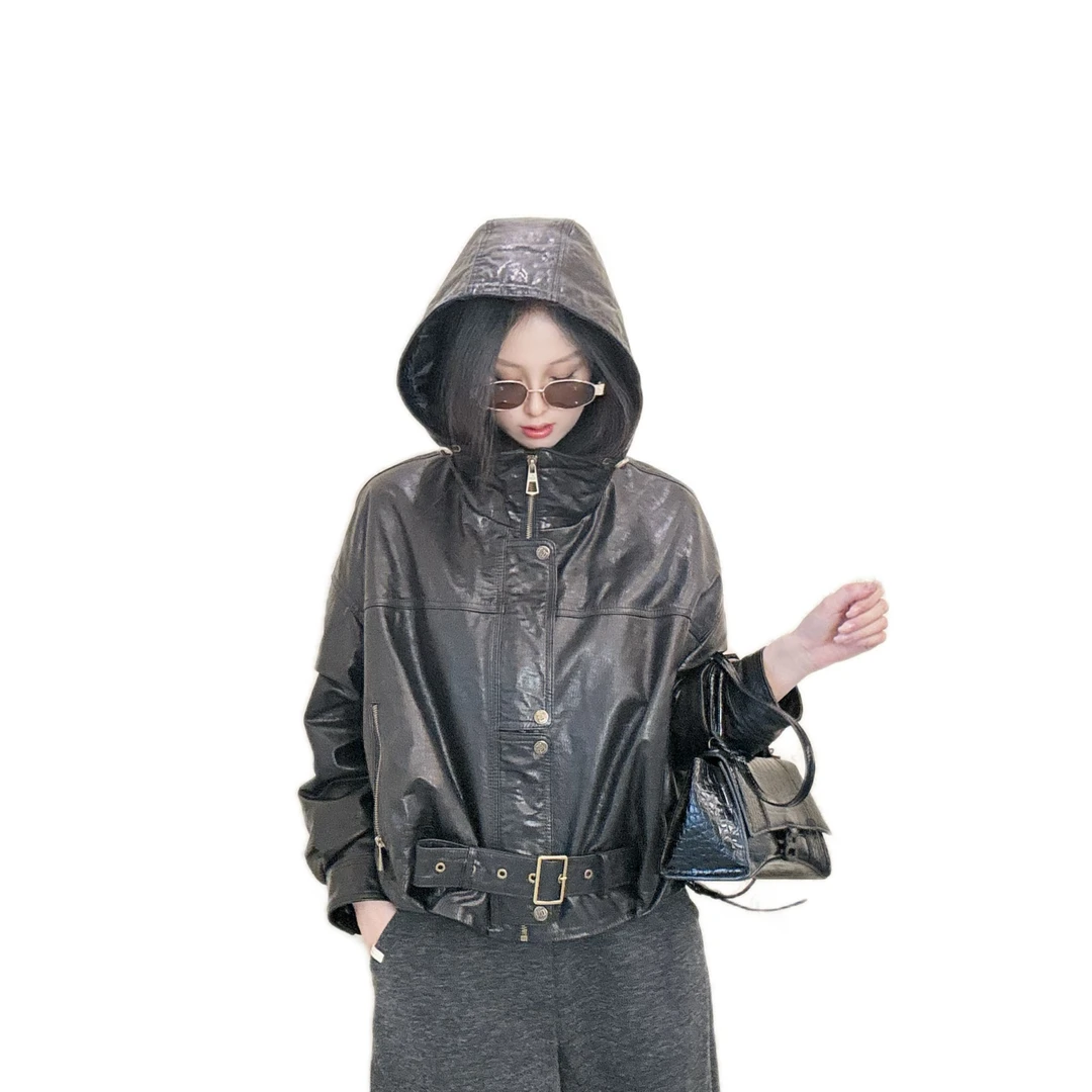 Ro-“暖冬必备”胎牛皮油蜡连帽白鸭绒羽绒服9823