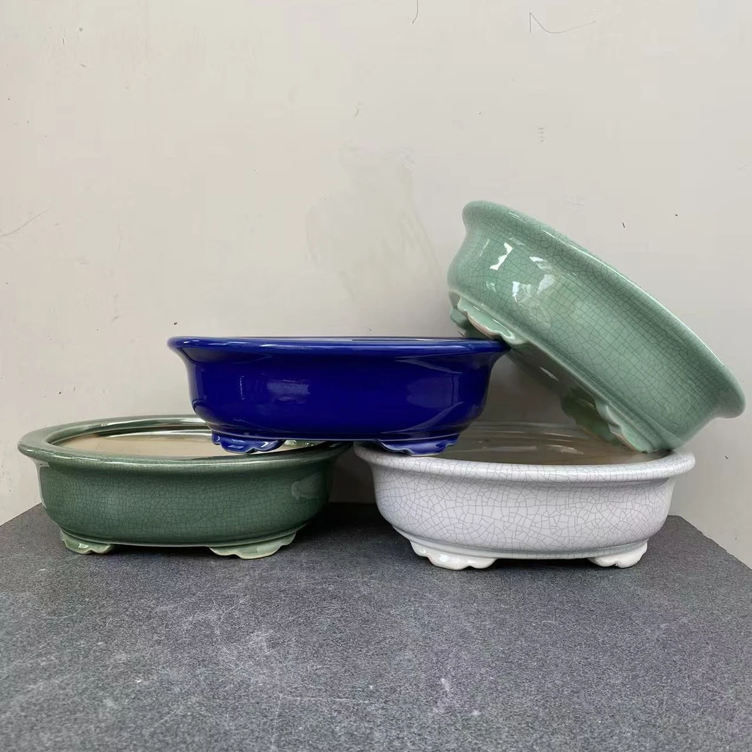 冰裂釉椭圆形透气复古花盆适合室内绿植盆栽