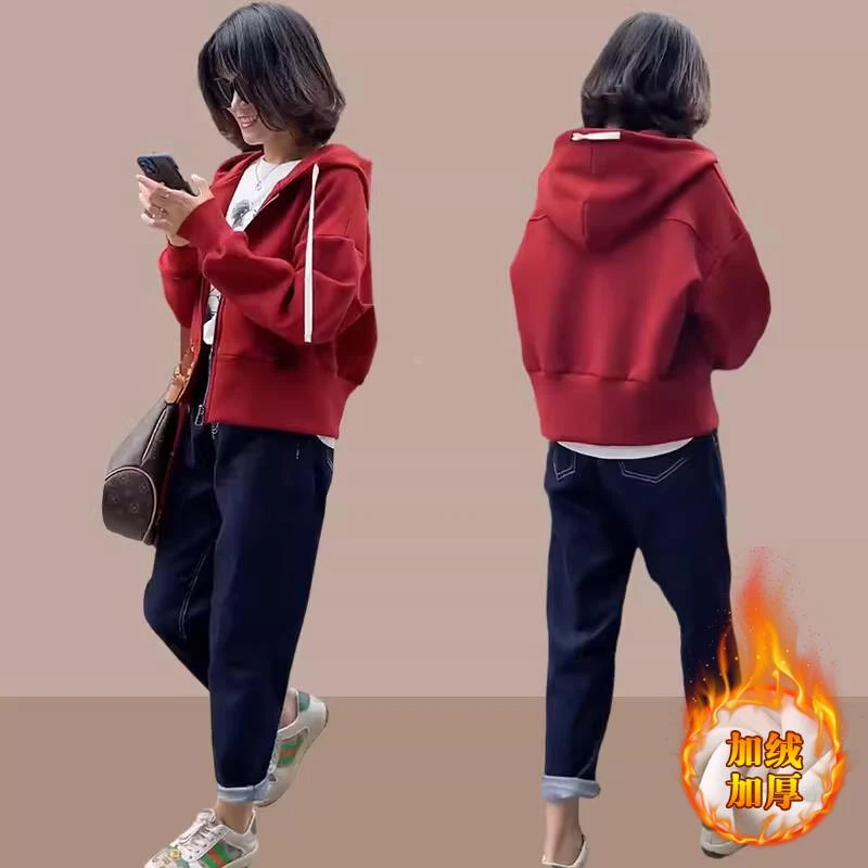 2025秋冬季新款女士卫衣开衫外套加绒加厚短款小个子上衣爆款女装