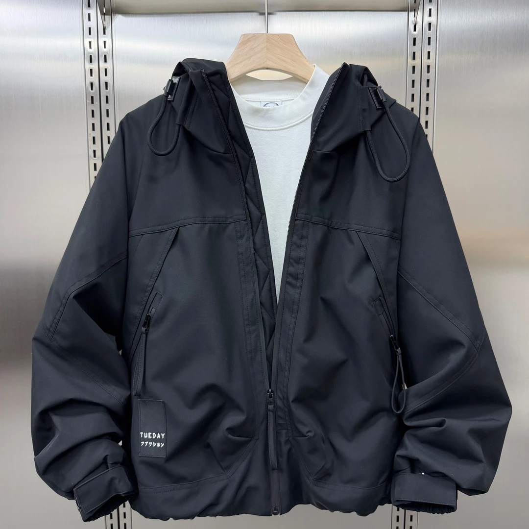 冬季新款夹棉加厚外套户外机能风拉链口袋棉衣连帽加棉情侣款夹克