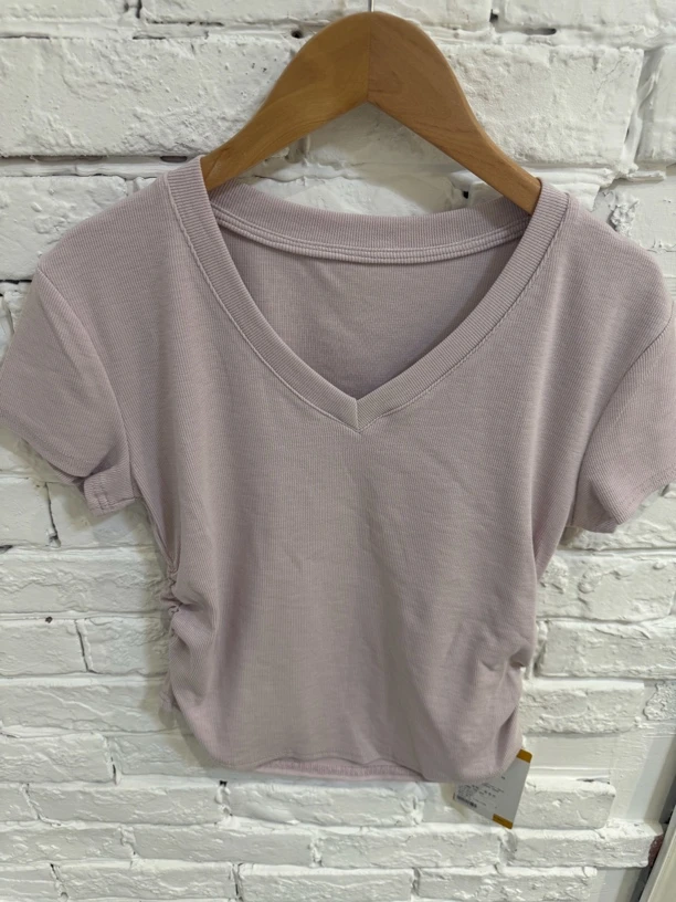 V领韩版休闲常规短袖T恤夏季短款方领褶皱女士纯色