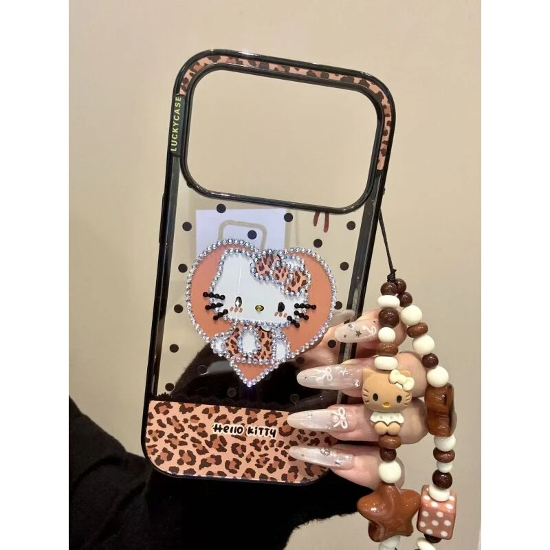 ins豹纹透底点钻爱心猫咪适用ihone17promax苹果16手机壳15新款14