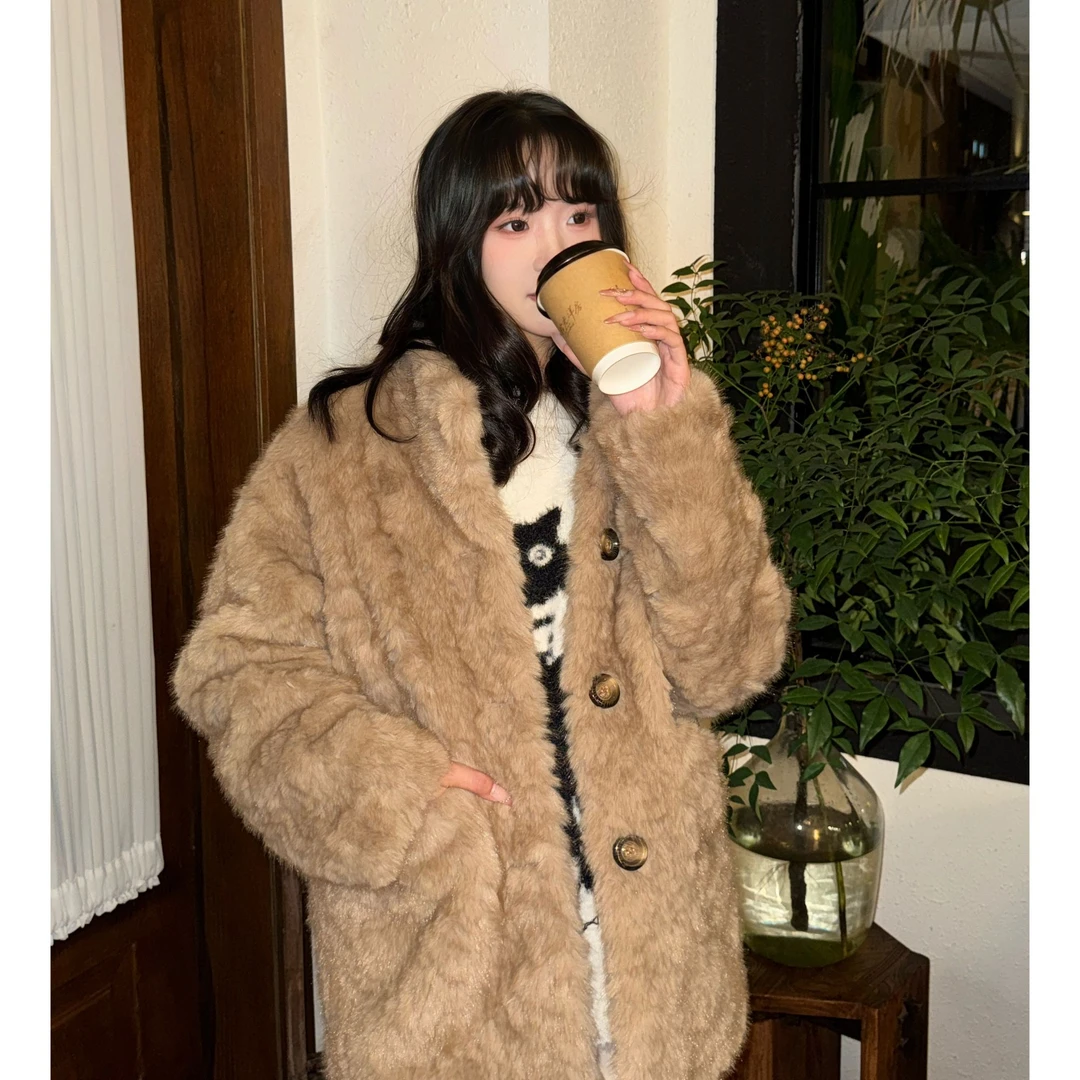 人造皮草 慵懒风时尚环保加厚中长款立领百搭保暖毛毛外套网红