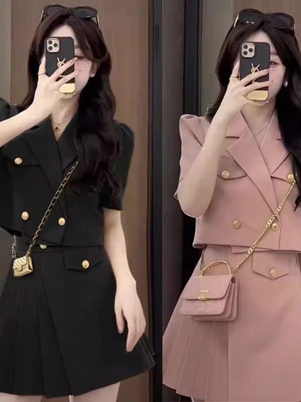 2025小香风套装裙夏季新款胖mm时尚气质高级感短袖西装外套百褶裙