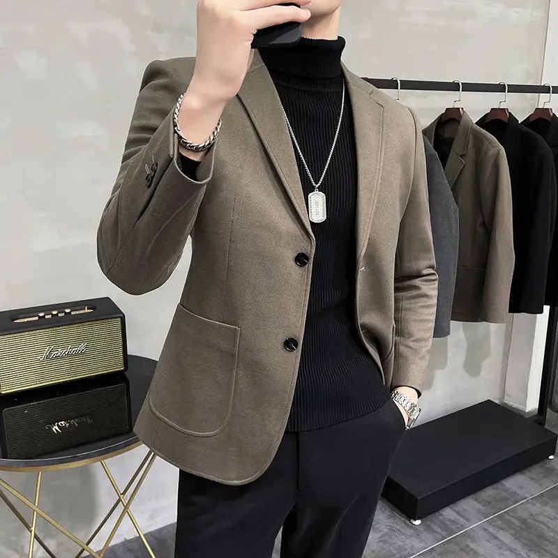 男士秋冬百搭加厚毛呢西服外套商务休闲呢子西装外套韩版修身帅气
